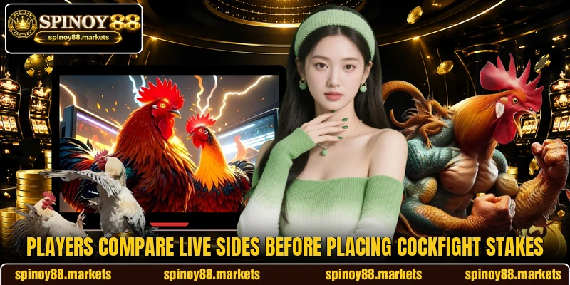 Players compare live sides before placing cockfight stakes Players compare live sides before placing cockfight stakes